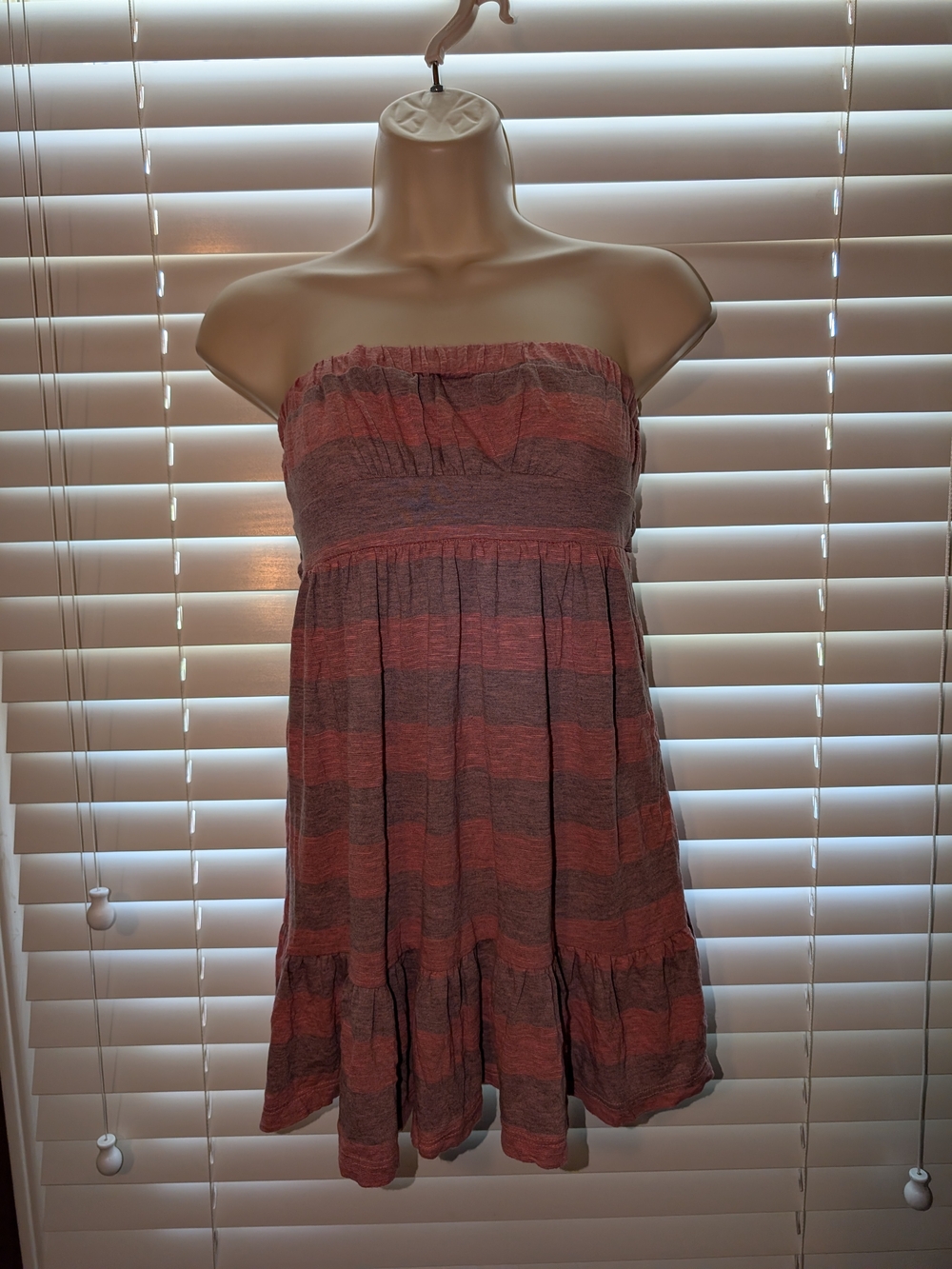 Papaya Strapless Sundress in Coral and Gray Stripes